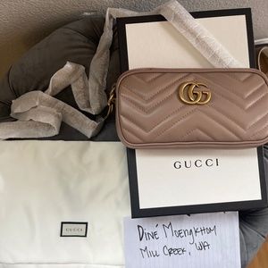 Gucci Marmont Calfskin Matelasse Mini GG Chain Porcelain Rose Beige Bag